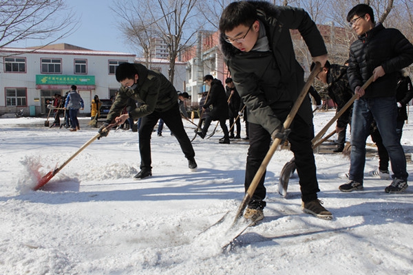 同学们都在努力扫雪